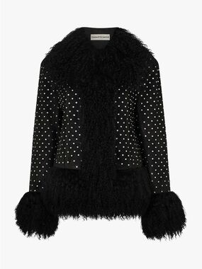 Charlotte Simone Black Studded Shearling-Trim Jacket with Plush Cuffs